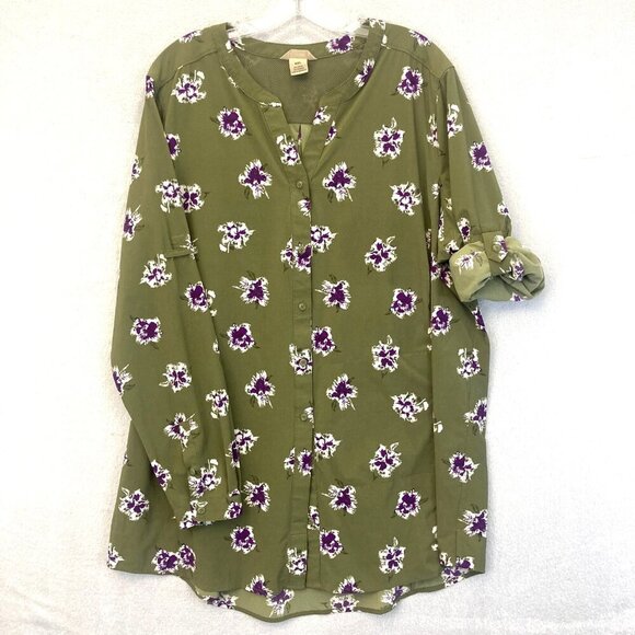 Duluth Trading Button Up Nylon Tunic Top XXL Green Floral Sidewinder Roll Tab 2X - Picture 1 of 16